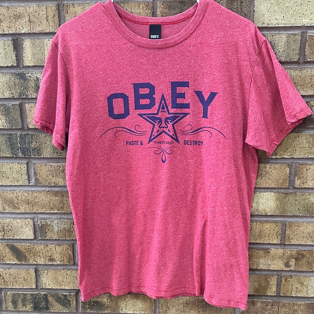 Obey Heather Red Tee with Black Tag
